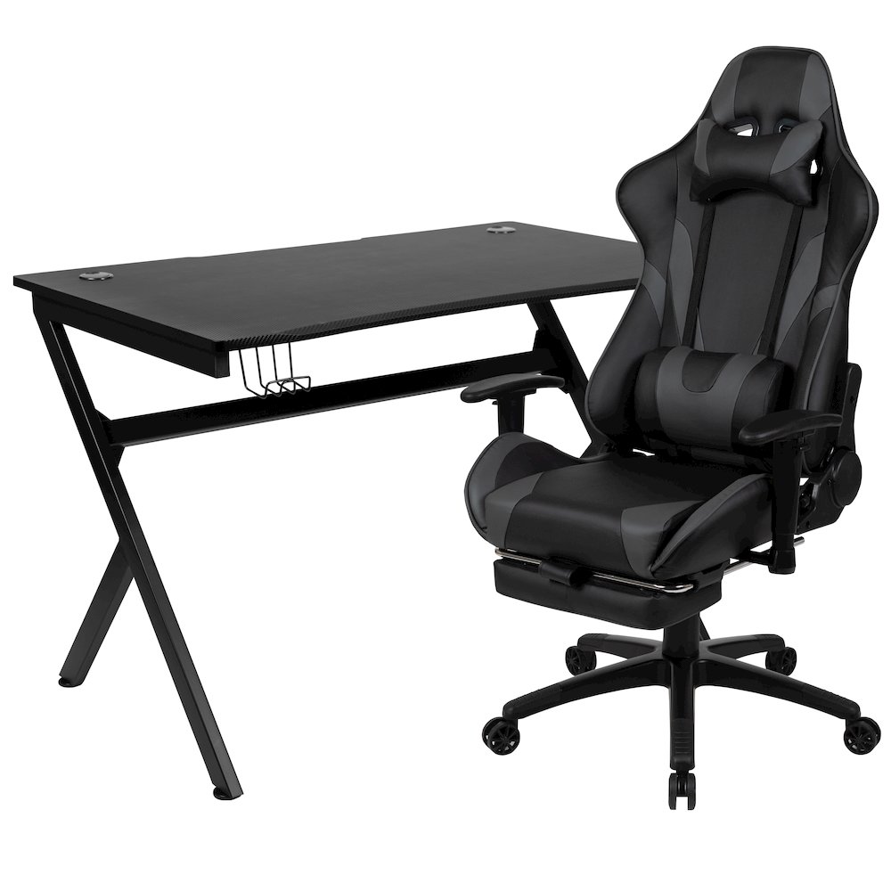 Black Gaming Desk and Gray Footrest Reclining Gaming Chair Set. Picture 1