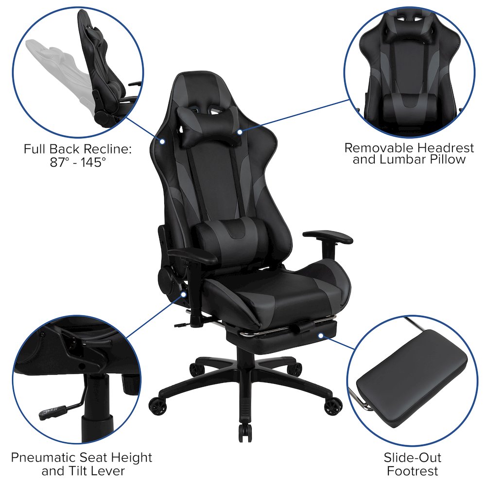Black Gaming Desk and Gray Footrest Reclining Gaming Chair Set. Picture 4