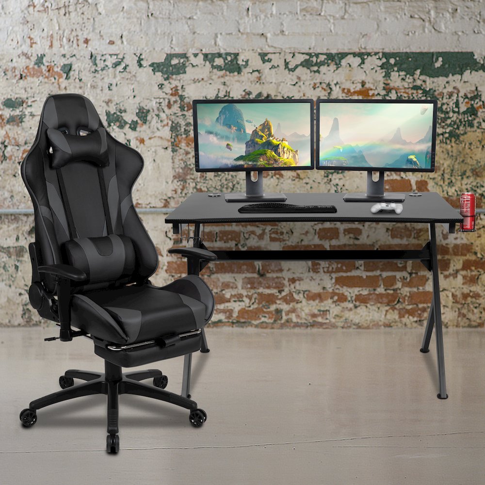 Black Gaming Desk and Gray Footrest Reclining Gaming Chair Set. Picture 2