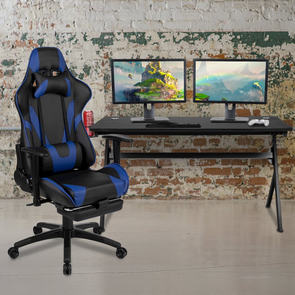 Gaming Desk and Blue Footrest Reclining Gaming Chair Set. Picture 2