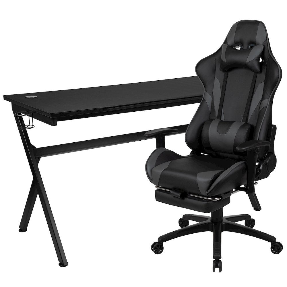 Gaming Desk and Gray Footrest Reclining Gaming Chair Set. Picture 1