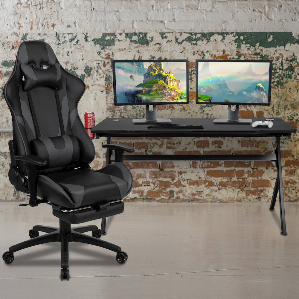 Gaming Desk and Gray Footrest Reclining Gaming Chair Set. Picture 2