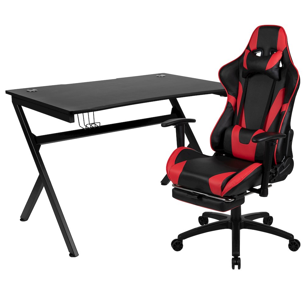 Black Gaming Desk and Red/Black Footrest Reclining Gaming Chair Set. Picture 1