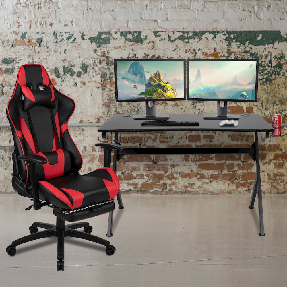 Black Gaming Desk and Red/Black Footrest Reclining Gaming Chair Set. Picture 2