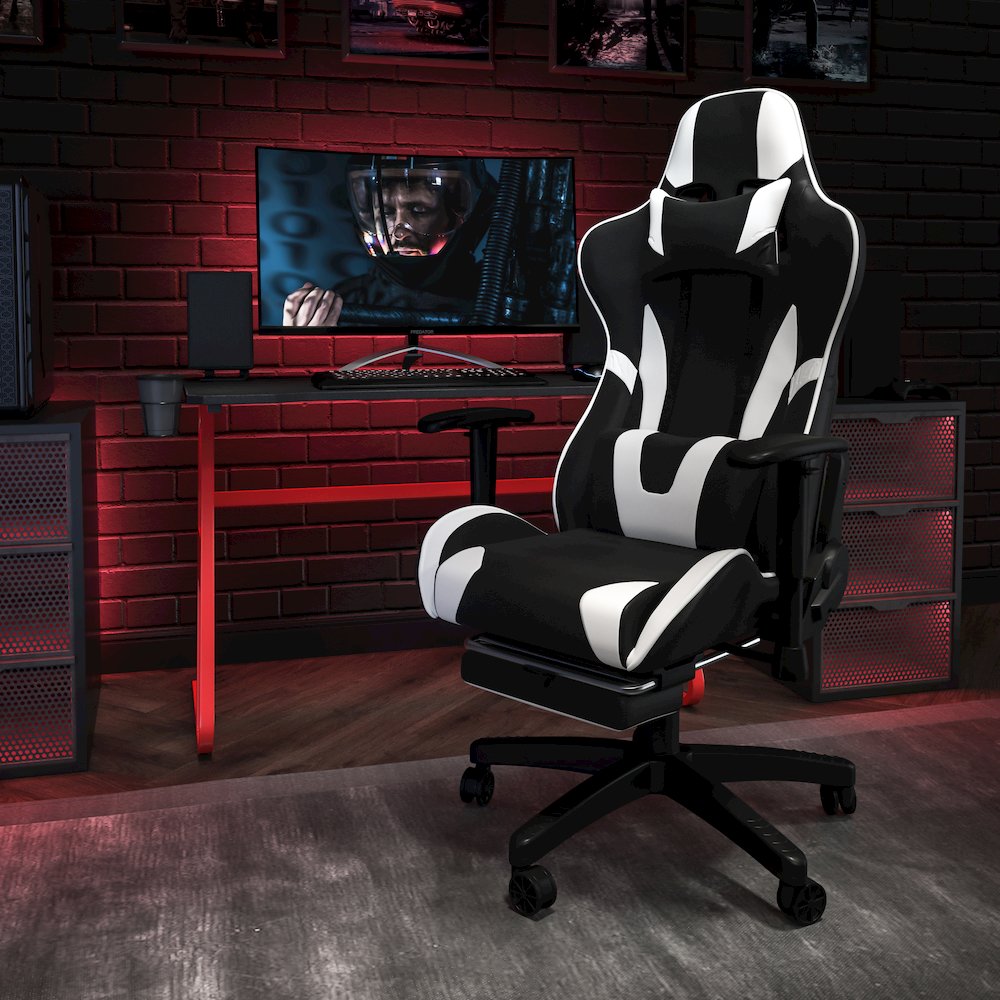 Red Gaming Desk and Black Footrest Reclining Gaming Chair Set. Picture 2