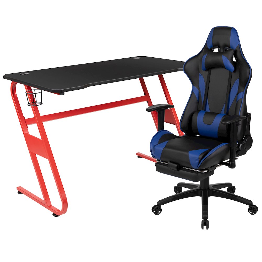 Red Gaming Desk with Cup Holder/Headphone Hook & Blue Reclining Gaming Chair. Picture 1