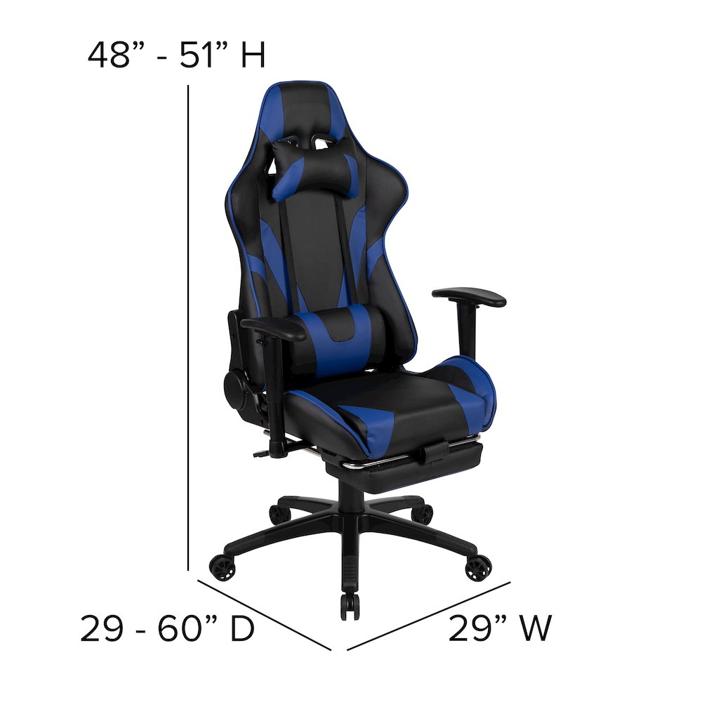 Red Gaming Desk with Cup Holder/Headphone Hook & Blue Reclining Gaming Chair. Picture 6