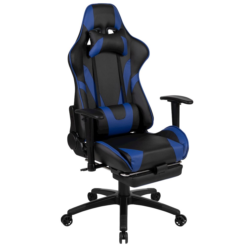 Red Gaming Desk with Cup Holder/Headphone Hook & Blue Reclining Gaming Chair. Picture 9