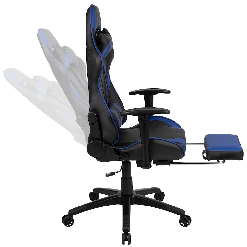 Red Gaming Desk with Cup Holder/Headphone Hook & Blue Reclining Gaming Chair. Picture 8