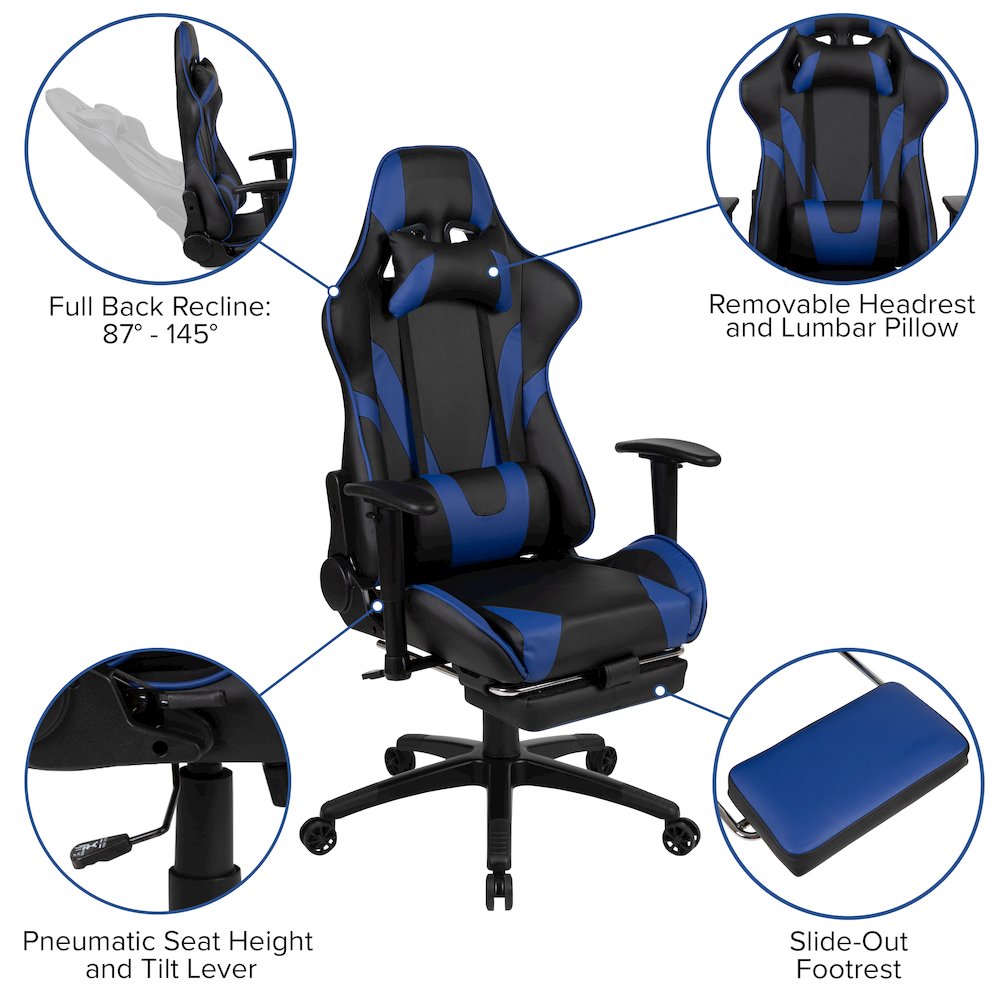 Red Gaming Desk with Cup Holder/Headphone Hook & Blue Reclining Gaming Chair. Picture 4