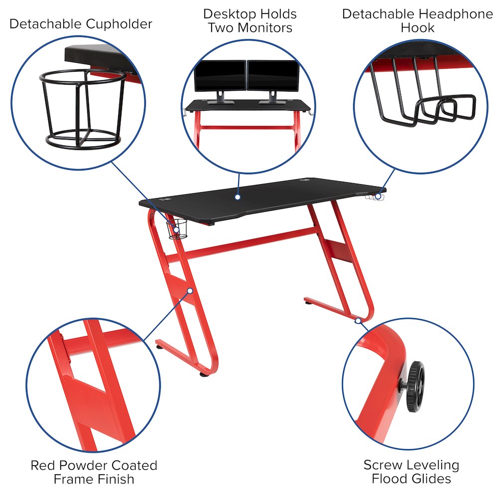 Red Gaming Desk with Cup Holder/Headphone Hook & Blue Reclining Gaming Chair. Picture 5
