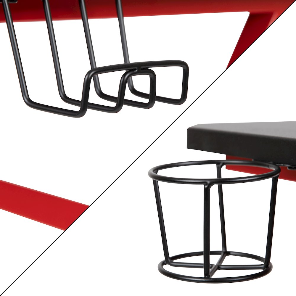 Red Gaming Desk with Cup Holder/Headphone Hook & Blue Reclining Gaming Chair. Picture 11