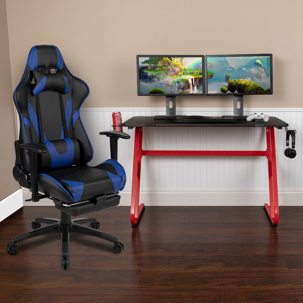 Red Gaming Desk with Cup Holder/Headphone Hook & Blue Reclining Gaming Chair. Picture 2