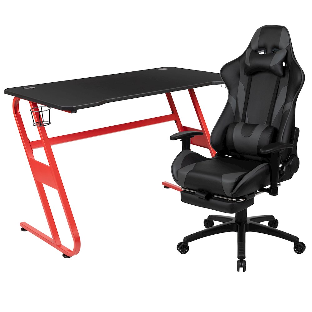 Red Gaming Desk with Cup Holder/Headphone Hook & Gray Reclining Gaming Chair. Picture 1