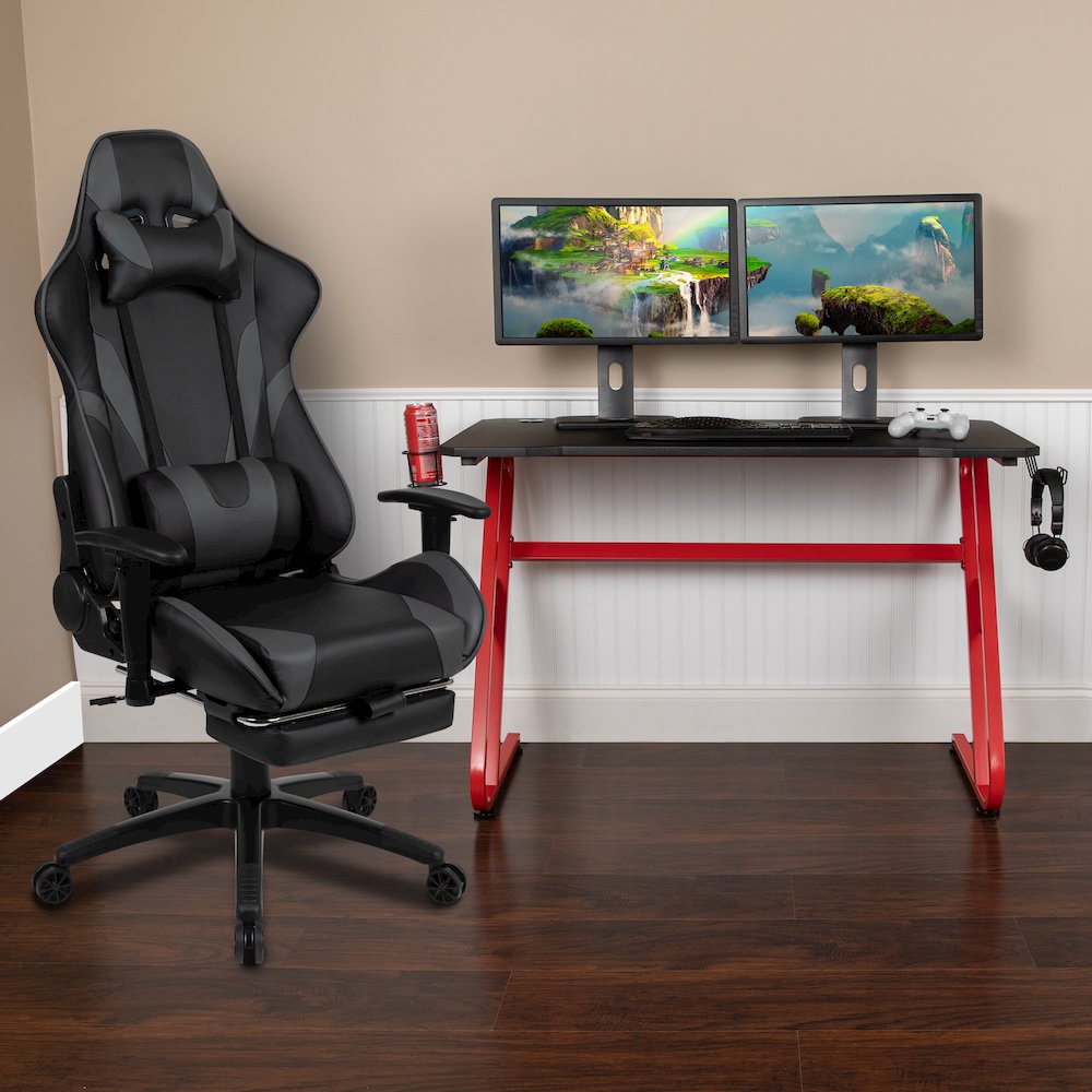 Red Gaming Desk with Cup Holder/Headphone Hook & Gray Reclining Gaming Chair. Picture 2
