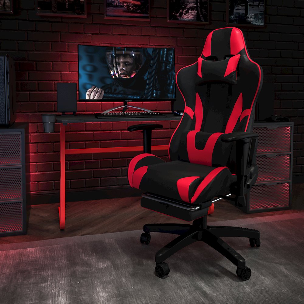 Red Gaming Desk and Red/Black Footrest Reclining Gaming Chair Set. Picture 2