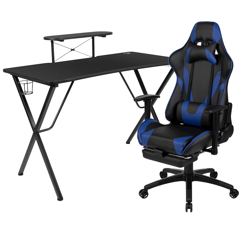 Black Gaming Desk/Headphone Hook and Monitor/Smartphone Stand, Blue Gaming Chair. Picture 1