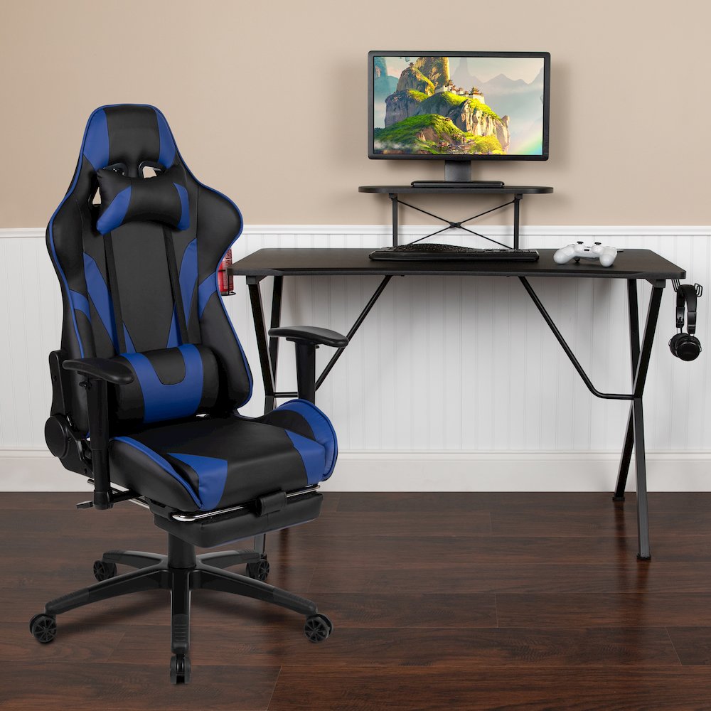 Black Gaming Desk/Headphone Hook and Monitor/Smartphone Stand, Blue Gaming Chair. Picture 2