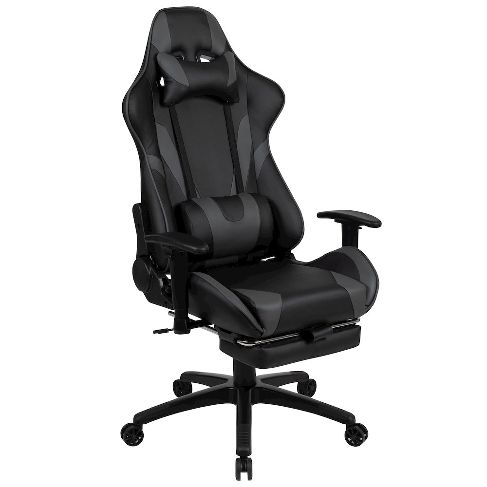 Black Gaming Desk/Headphone Hook and Monitor/Smartphone Stand, Gray Gaming Chair. Picture 9