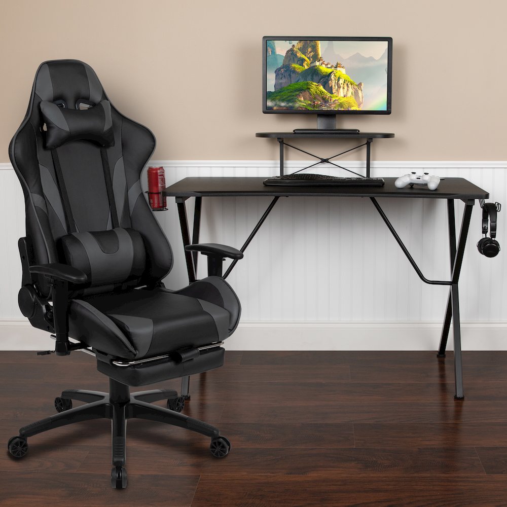 Black Gaming Desk/Headphone Hook and Monitor/Smartphone Stand, Gray Gaming Chair. Picture 2