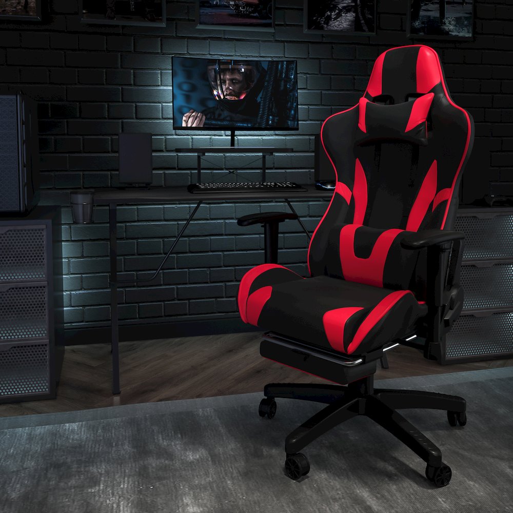 Black Gaming Desk and Red/Black Footrest Gaming Chair Set. Picture 2
