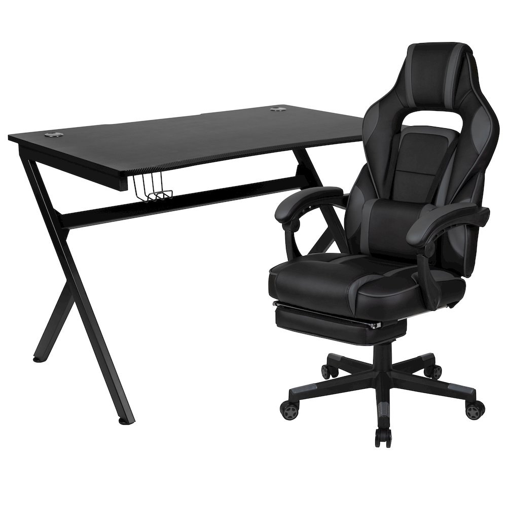Black Gaming Desk/Headphone Hook/2 Wire Management Holes, Black Gaming Chair. Picture 1