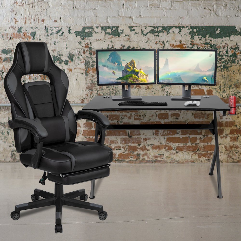 Black Gaming Desk/Headphone Hook/2 Wire Management Holes, Black Gaming Chair. Picture 2