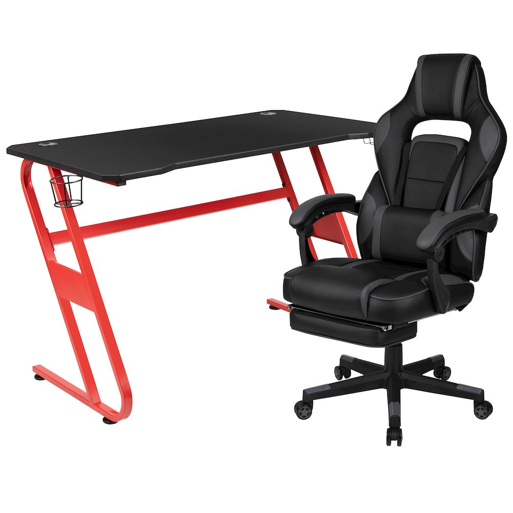 Red Gaming Desk/Headphone Hook & Black Reclining Back/Arms Gaming Chair. Picture 1