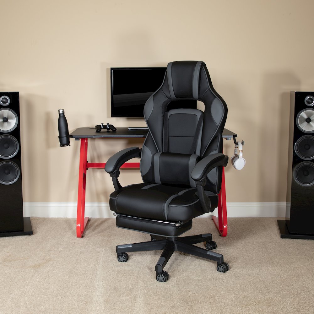 Red Gaming Desk/Headphone Hook & Black Reclining Back/Arms Gaming Chair. Picture 2