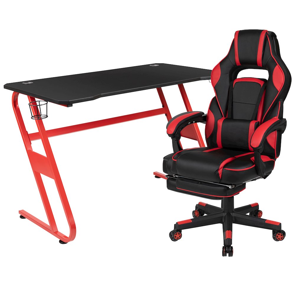 Red Gaming Desk/Headphone Hook & Red Reclining Back/Arms Gaming Chair. Picture 1