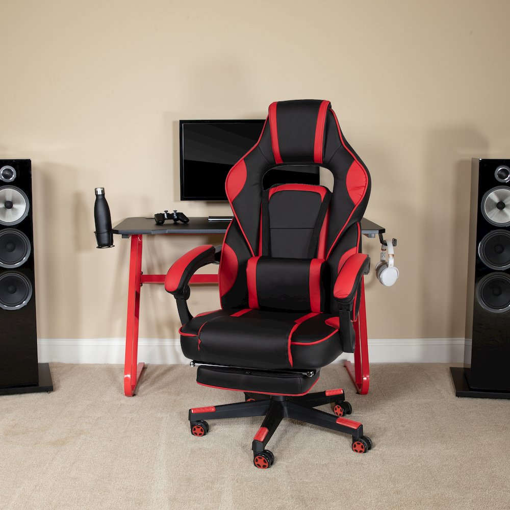 Red Gaming Desk/Headphone Hook & Red Reclining Back/Arms Gaming Chair. Picture 2