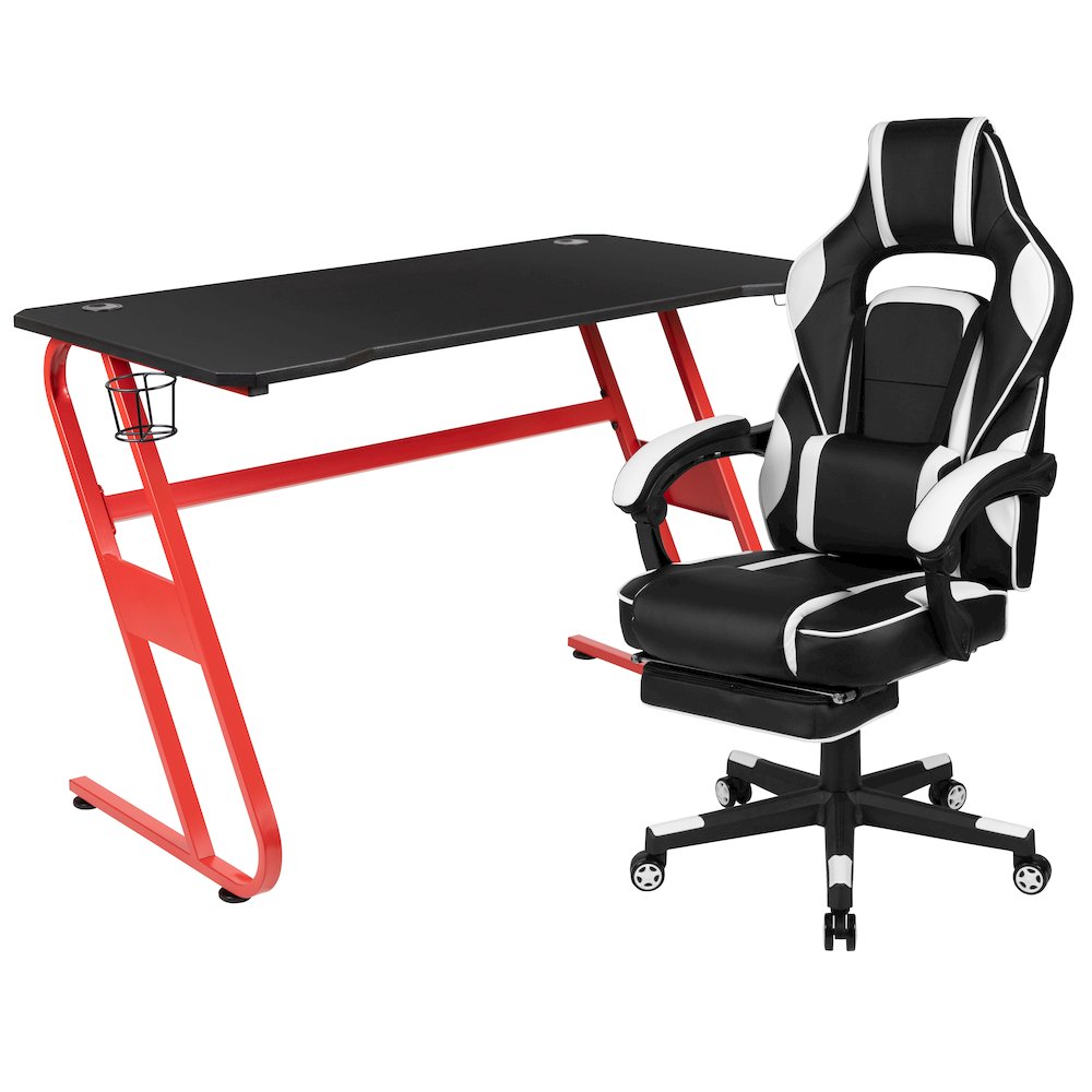 Red Gaming Desk/Headphone Hook & White Reclining Back/Arms Gaming Chair. Picture 1