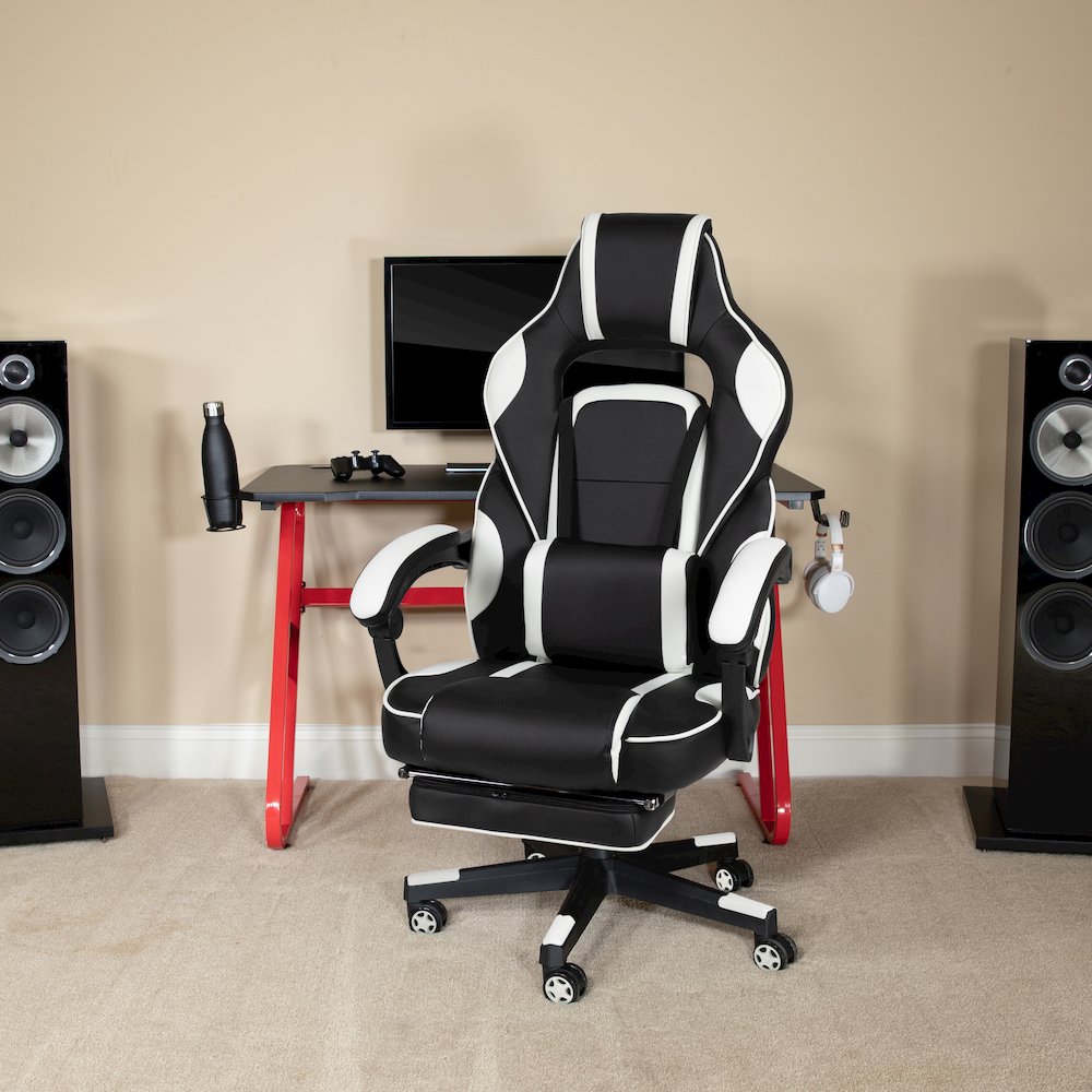 Red Gaming Desk/Headphone Hook & White Reclining Back/Arms Gaming Chair. Picture 2
