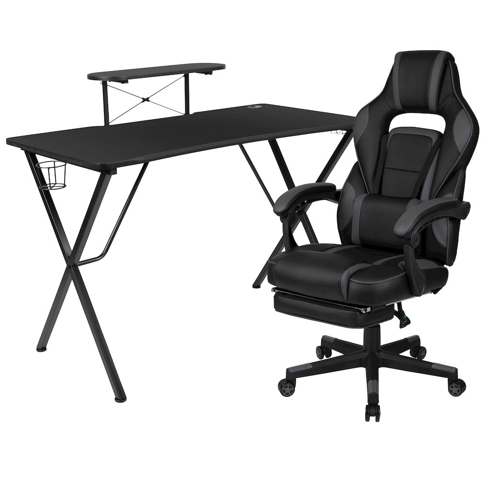 Black Gaming Desk/Headphone Hook/Monitor Stand & Black Back/Arms Gaming Chair. Picture 1