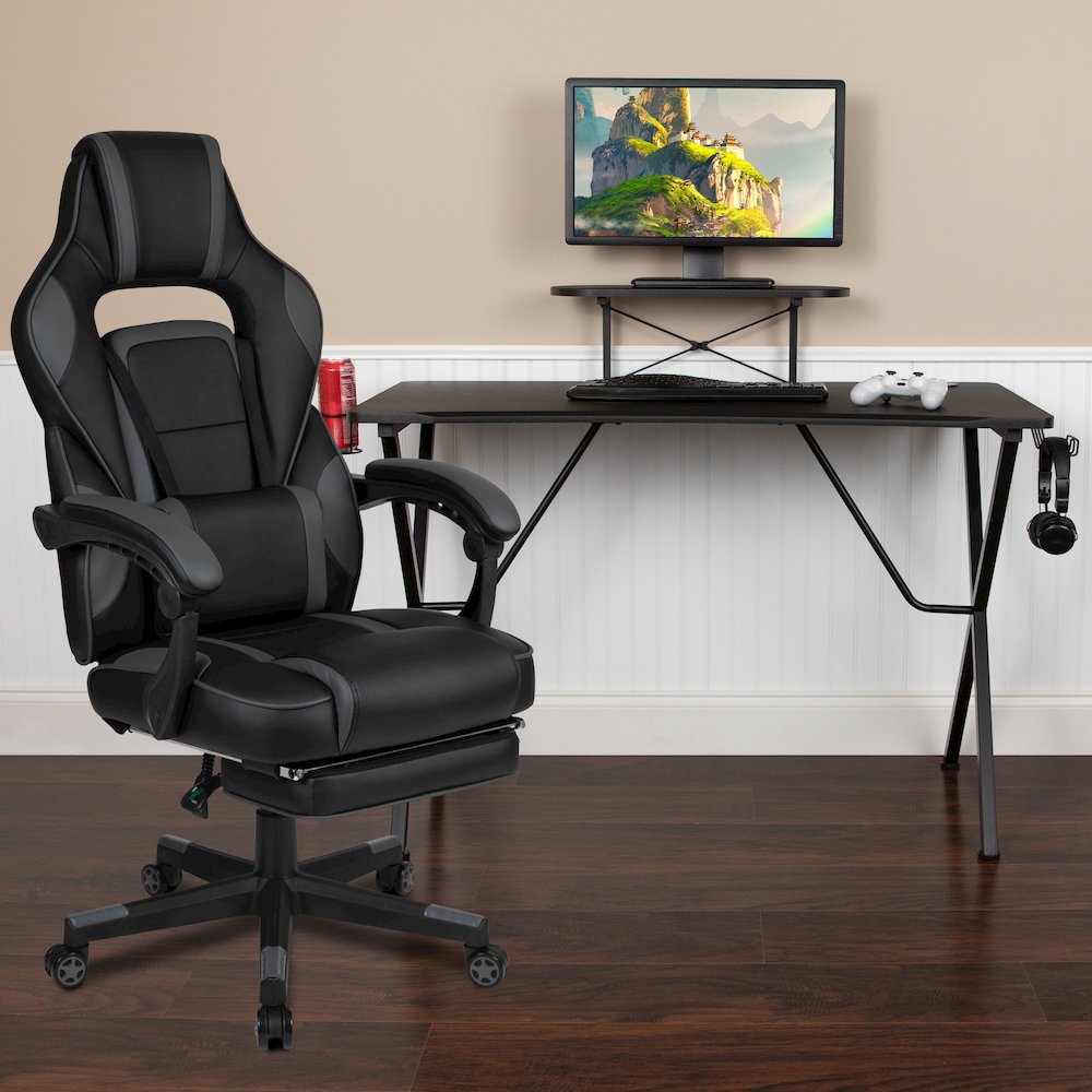 Black Gaming Desk/Headphone Hook/Monitor Stand & Black Back/Arms Gaming Chair. Picture 2