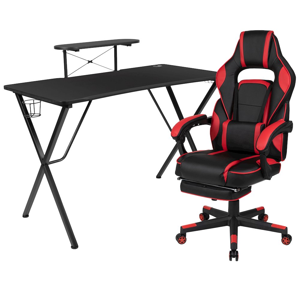 Black Gaming Desk/Headphone Hook/Monitor Stand & Red Back/Arms Gaming Chair. Picture 1