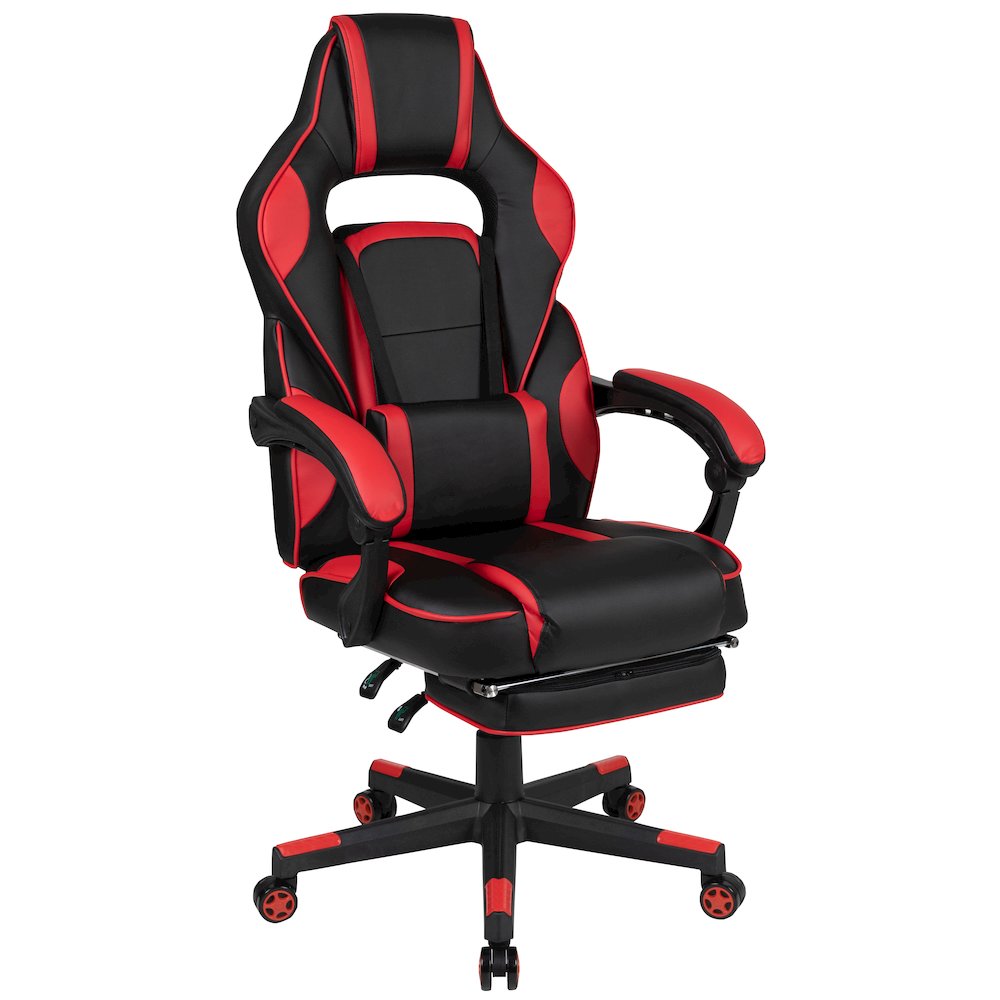 Black Gaming Desk/Headphone Hook/Monitor Stand & Red Back/Arms Gaming Chair. Picture 9