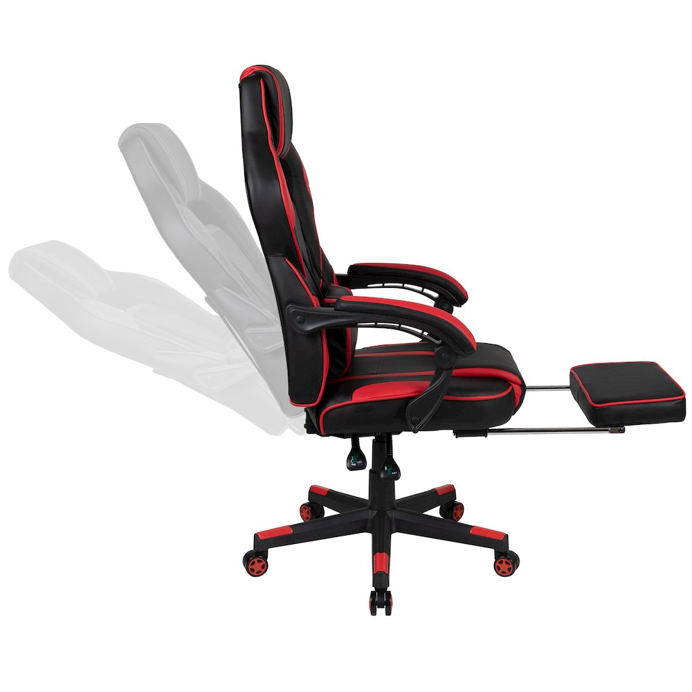 Black Gaming Desk/Headphone Hook/Monitor Stand & Red Back/Arms Gaming Chair. Picture 8