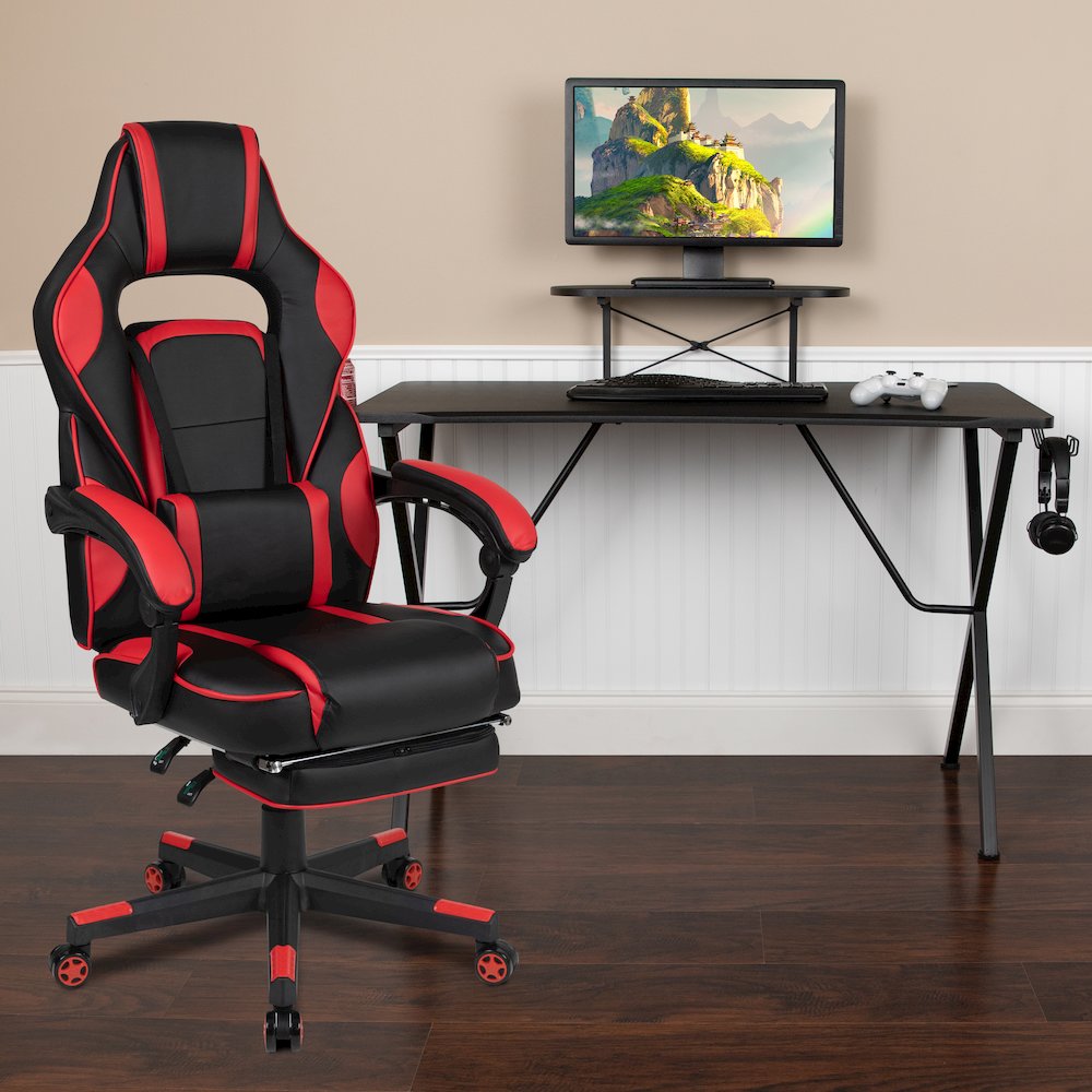 Black Gaming Desk/Headphone Hook/Monitor Stand & Red Back/Arms Gaming Chair. Picture 2