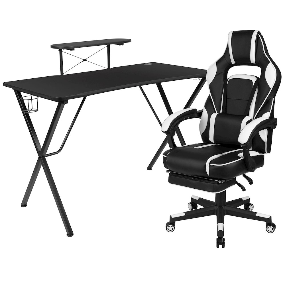 Black Gaming Desk/Headphone Hook/Monitor Stand & White Back/Arms Gaming Chair. Picture 1