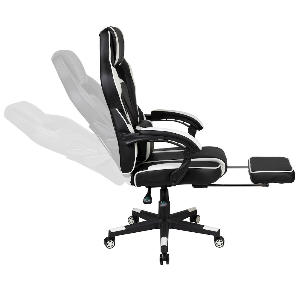 Black Gaming Desk/Headphone Hook/Monitor Stand & White Back/Arms Gaming Chair. Picture 8