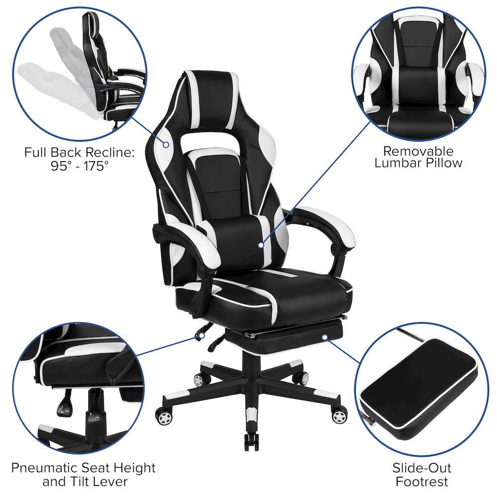 Black Gaming Desk/Headphone Hook/Monitor Stand & White Back/Arms Gaming Chair. Picture 4