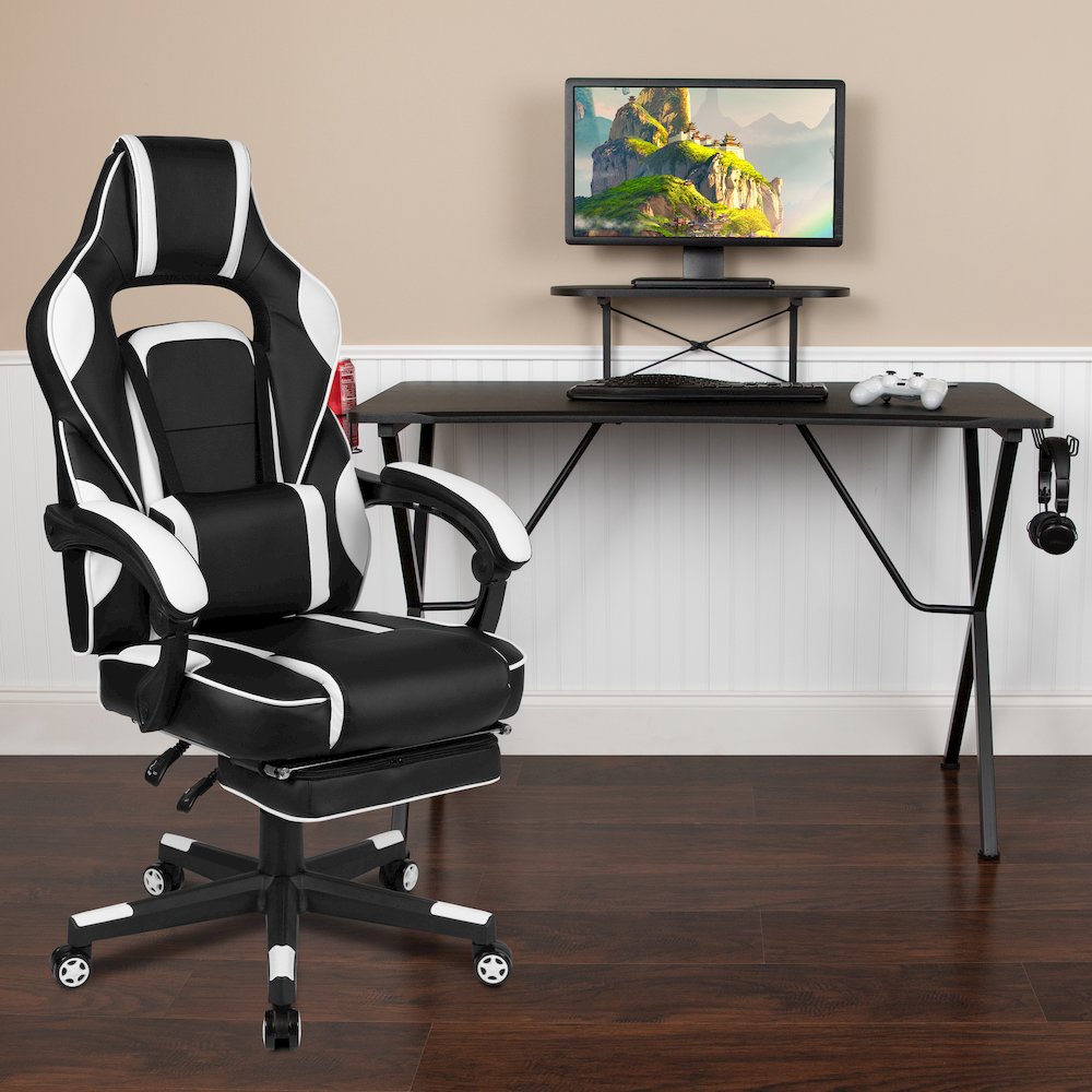 Black Gaming Desk/Headphone Hook/Monitor Stand & White Back/Arms Gaming Chair. Picture 2