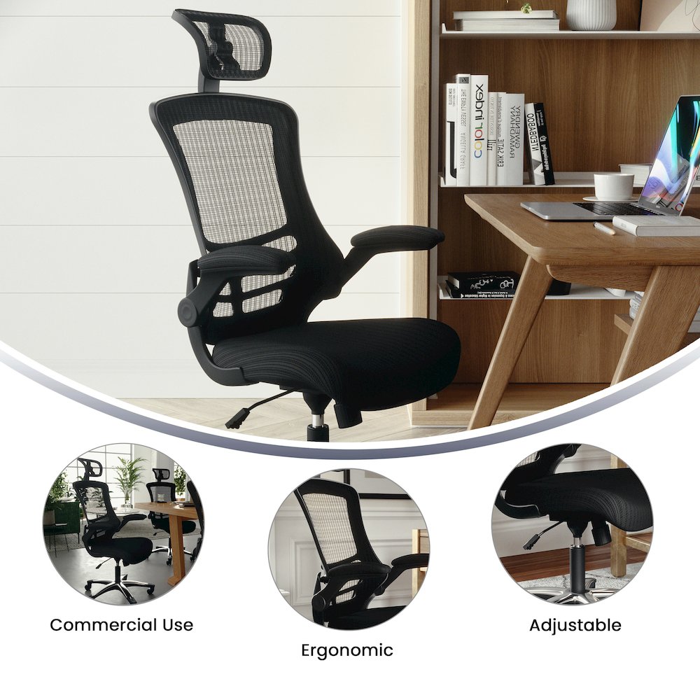High-Back Black Mesh Swivel Executive Office Chair and Adjustable Headrest. Picture 6