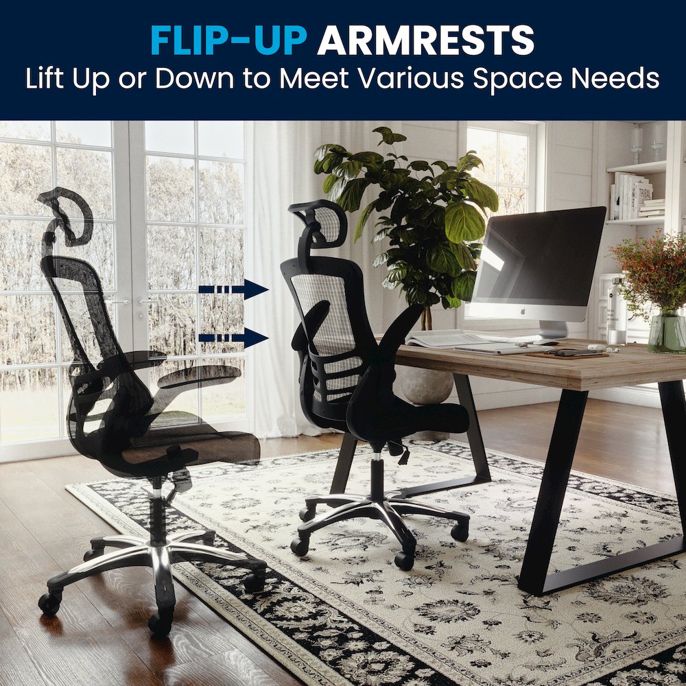 High-Back Black Mesh Swivel Executive Office Chair and Adjustable Headrest. Picture 8