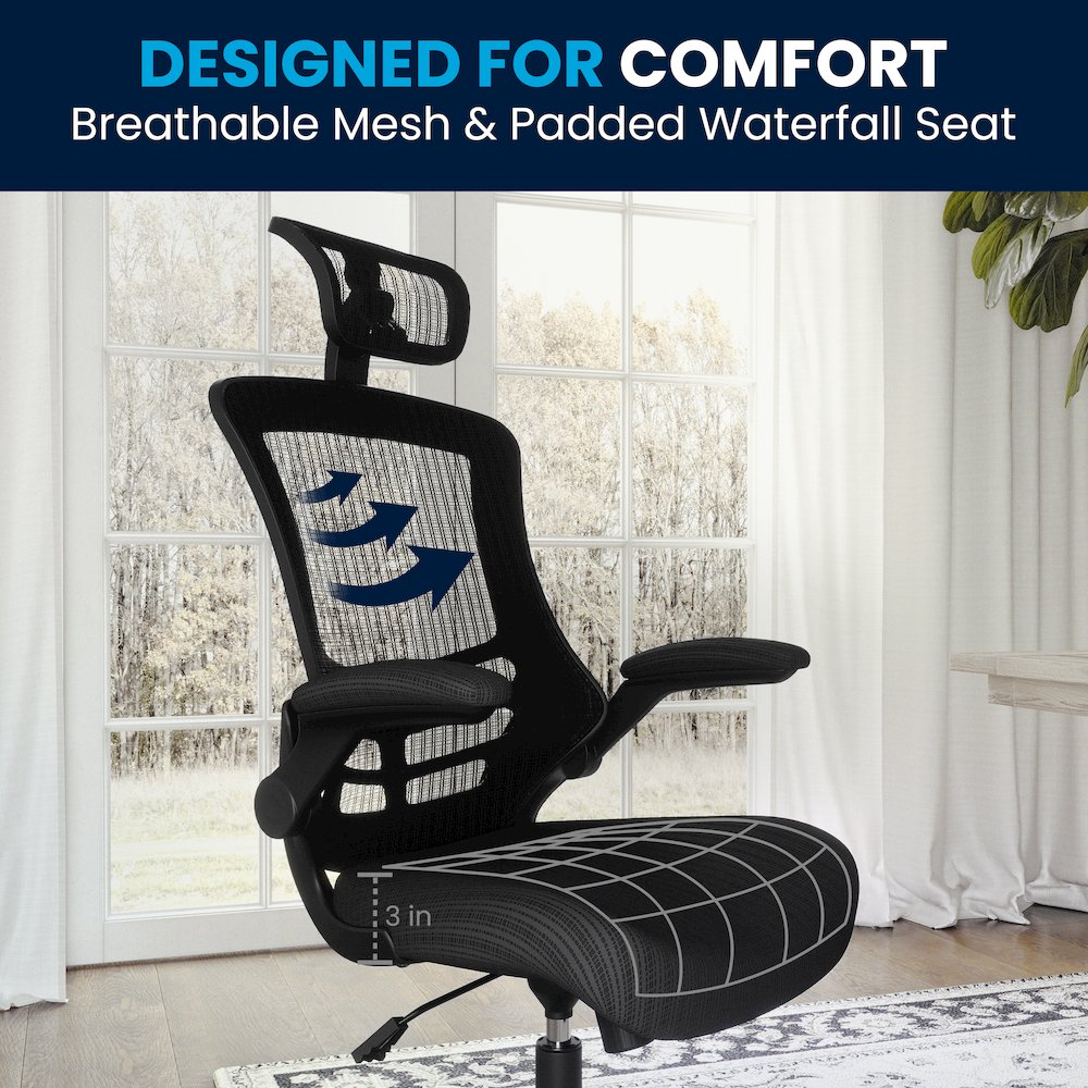 High-Back Black Mesh Swivel Executive Office Chair and Adjustable Headrest. Picture 9