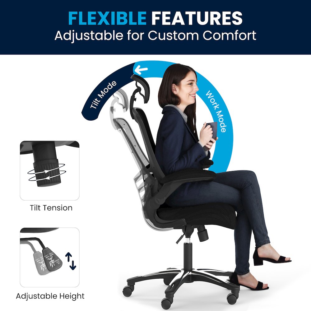 High-Back Black Mesh Swivel Executive Office Chair and Adjustable Headrest. Picture 10