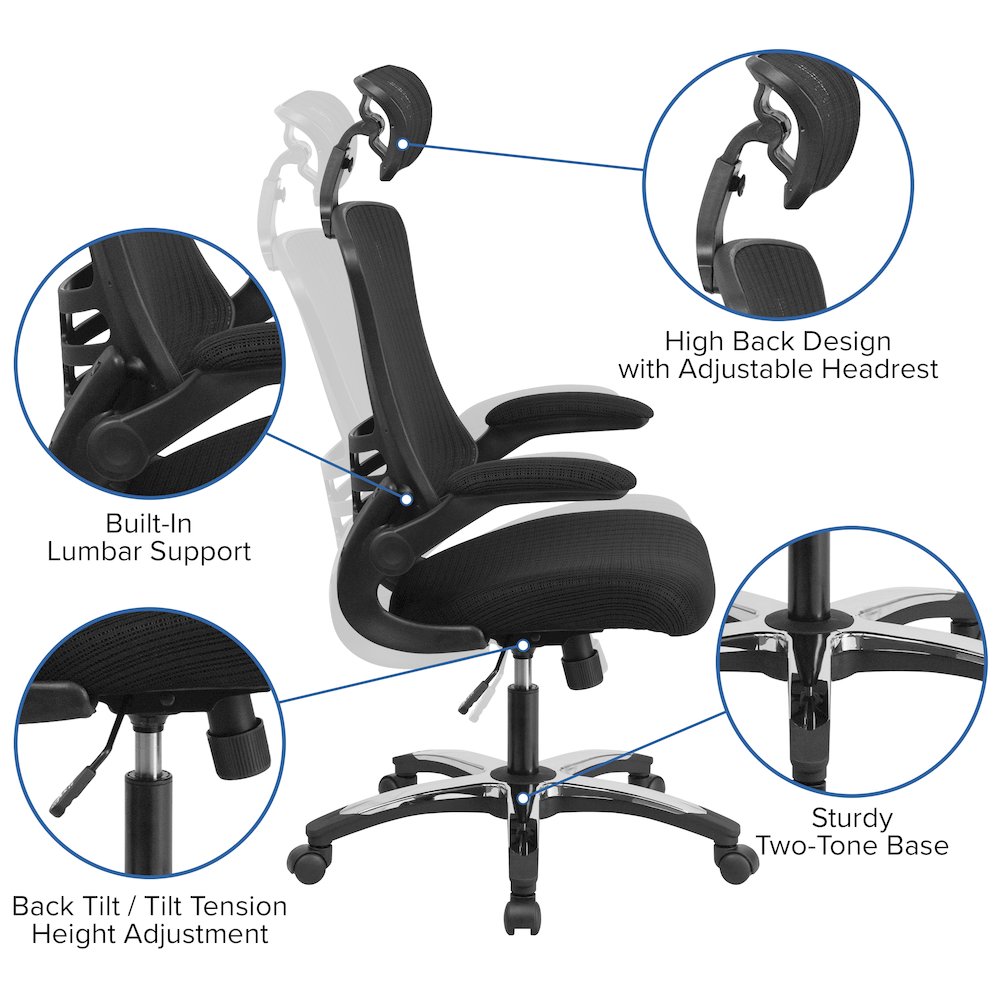 High-Back Black Mesh Swivel Executive Office Chair and Adjustable Headrest. Picture 11