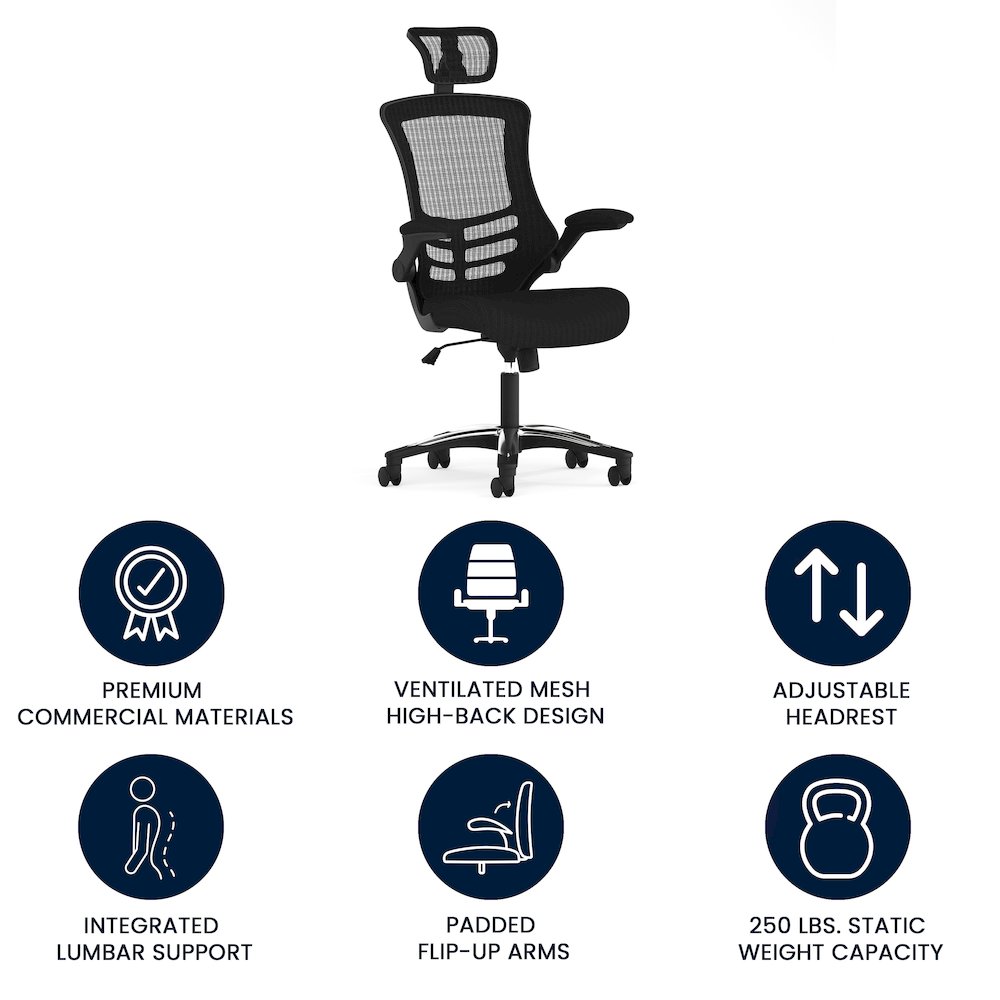 High-Back Black Mesh Swivel Executive Office Chair and Adjustable Headrest. Picture 5