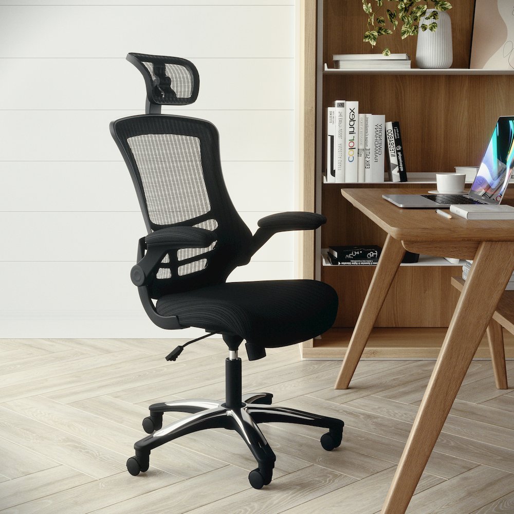 High-Back Black Mesh Swivel Executive Office Chair and Adjustable Headrest. Picture 2